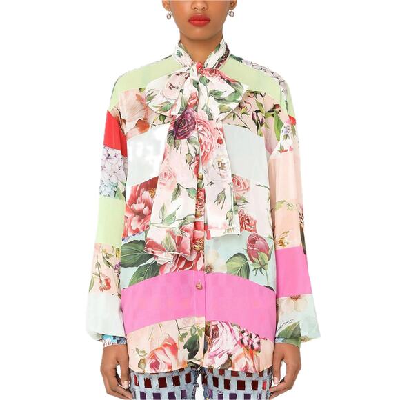 NWT Dolce & Gabbana Floral Patchwork Blouse Tie Collar Silk Shirt Pink IT 42 M - Picture 1 of 12